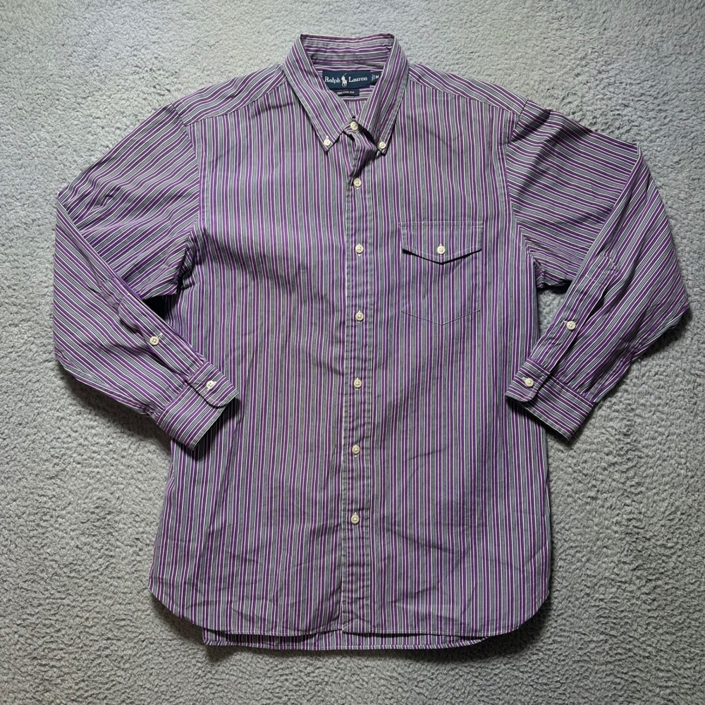 Ralph Lauren Custom Fit Striped Button Down Shirt Mens Medium Purple Green White